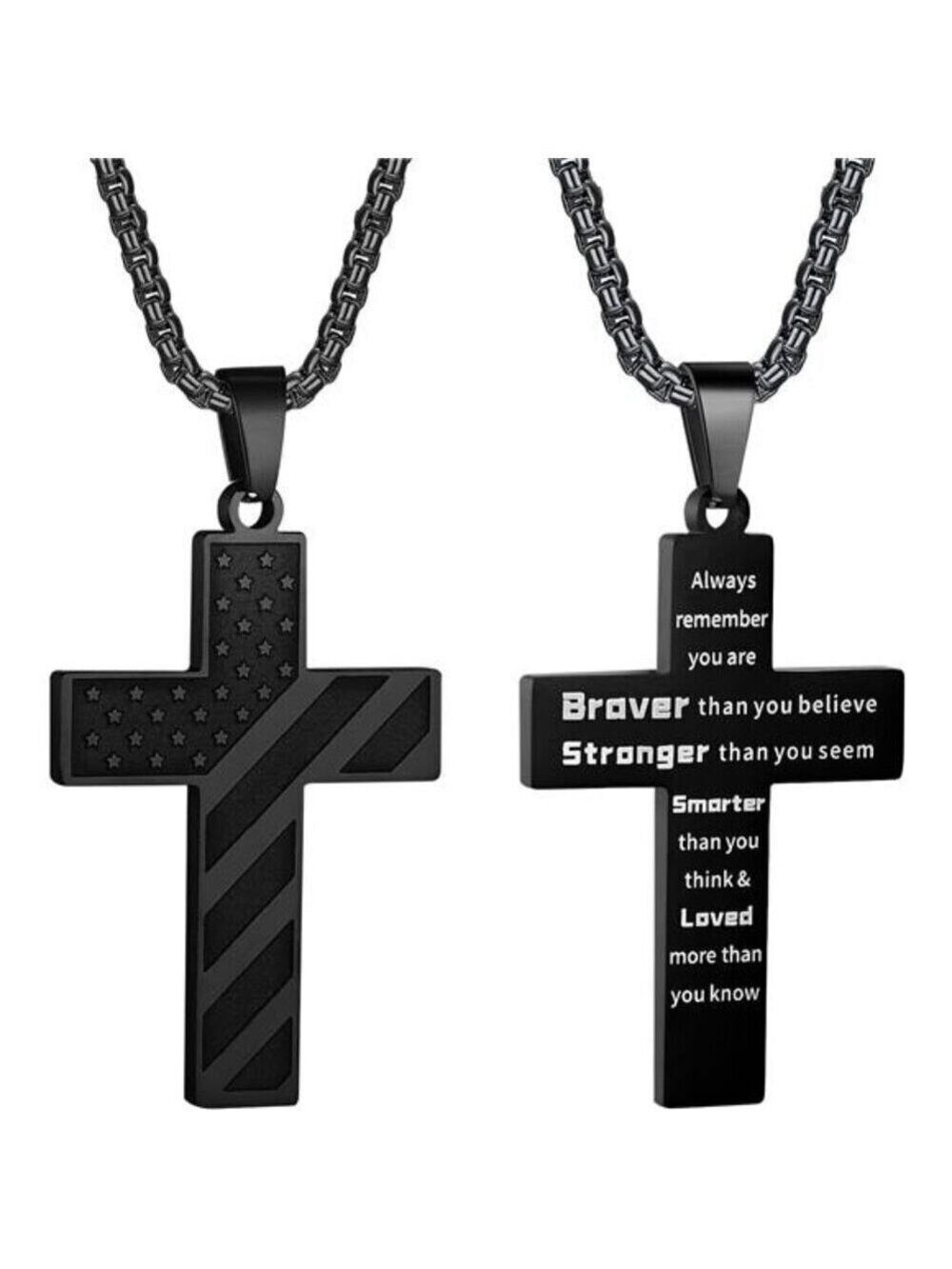 Black American Flag Cross Necklace Men Stainless Steel Box Chain 22+2 inch NEW